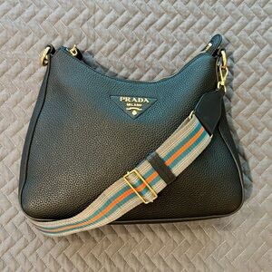 Prada Black Vitello Daino Soft Zippered Hobo Shoulder Crossbody Bag Purse